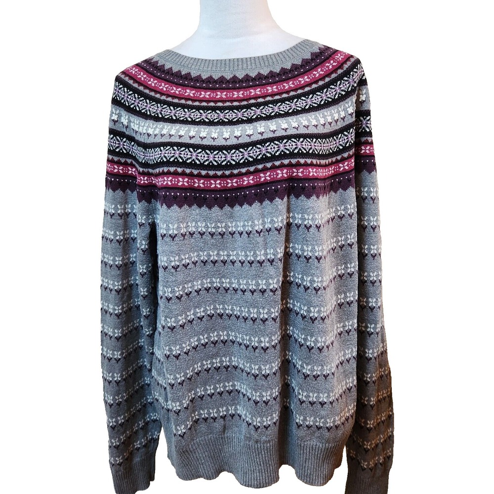 Bass Gray Fair Isle Print Sweater Women's XXL  Multicolor Striped Floral 2X Top